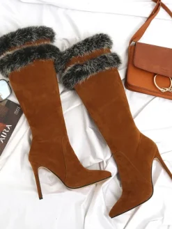 Bottes hautes pour femme en micro daim fausse fourrure bout pointu talon aiguille bottes d'hiver