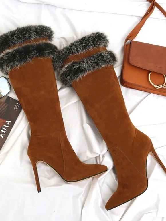 Bottes hautes pour femme en micro daim fausse fourrure bout pointu talon aiguille bottes d'hiver