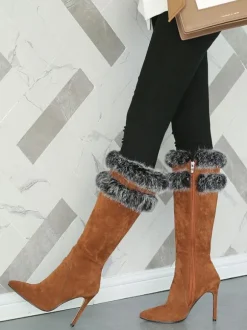 Bottes hautes pour femme en micro daim fausse fourrure bout pointu talon aiguille bottes d'hiver