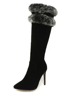 Bottes hautes pour femme en micro daim fausse fourrure bout pointu talon aiguille bottes d'hiver