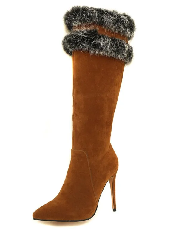 Bottes hautes pour femme en micro daim fausse fourrure bout pointu talon aiguille bottes d'hiver