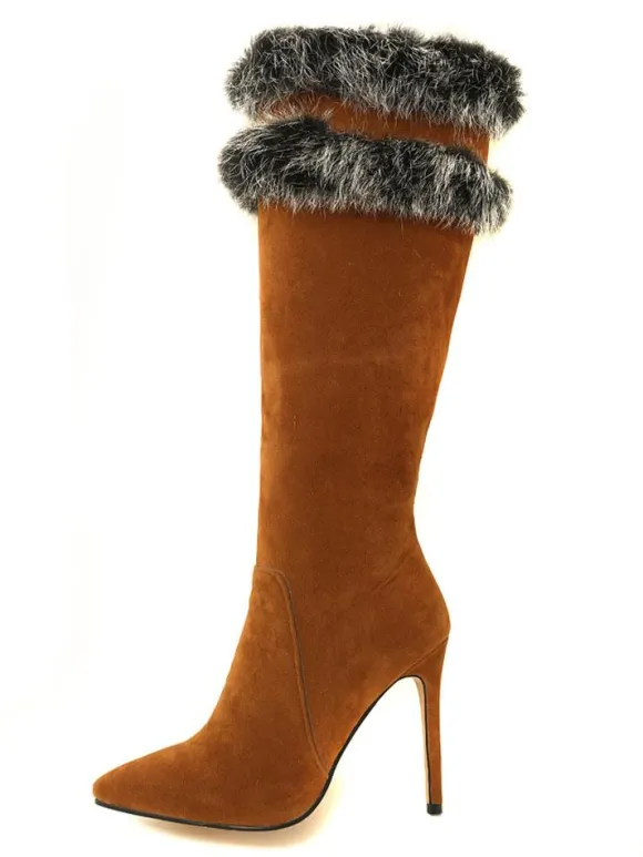 Bottes hautes pour femme en micro daim fausse fourrure bout pointu talon aiguille bottes d'hiver