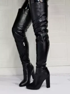 Bottes hautes pour femmes en cuir PU noir à talons épais et hauts au-dessus du genou