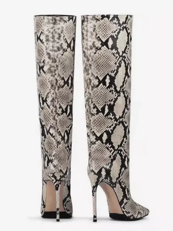 Bottes hautes pour femmes motif serpent bout pointu bottes à talons hauts