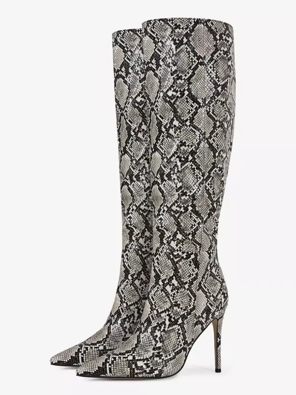 Bottes hautes pour femmes motif serpent bout pointu bottes à talons hauts