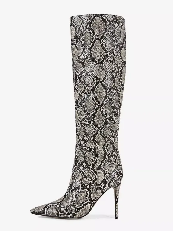 Bottes hautes pour femmes motif serpent bout pointu bottes à talons hauts