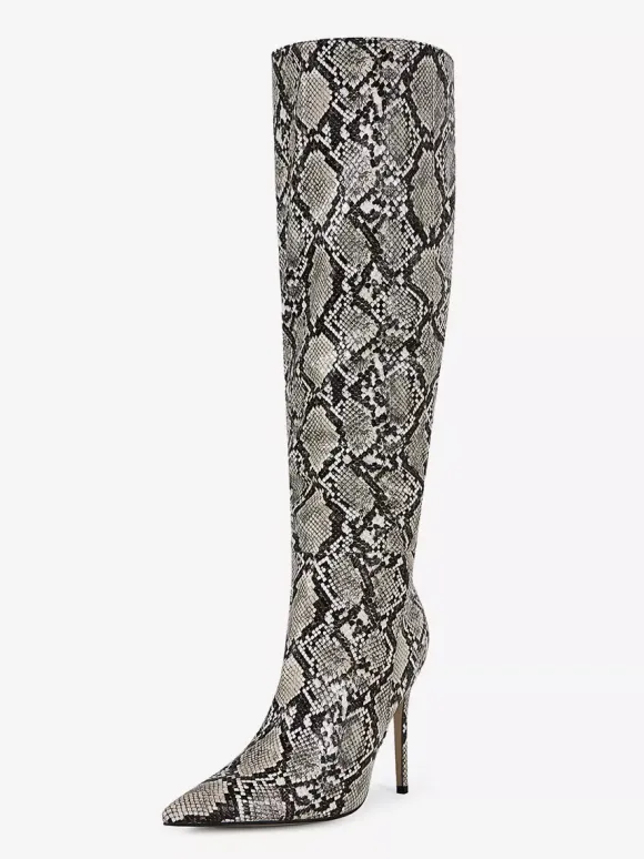Bottes hautes pour femmes motif serpent bout pointu bottes à talons hauts