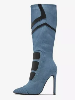 Bottes hautes pour femmes patchwork bout pointu talon aiguille style motard