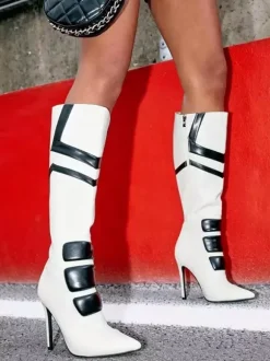 Bottes hautes pour femmes patchwork bout pointu talon aiguille style motard