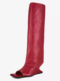 Bottes hautes rouges à bout ouvert et talon conçu bottes longueur genou