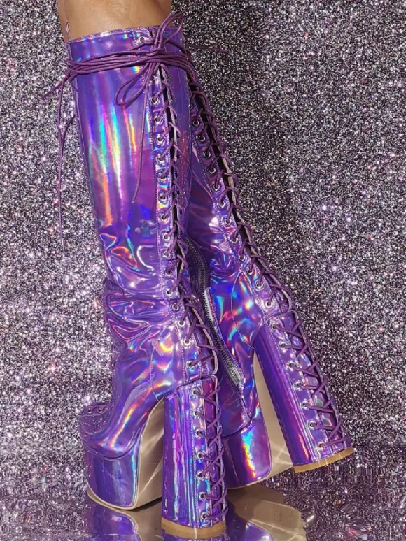Bottes hautes à talons épais et plateforme sexy pour femmes bottes à lacets métalliques