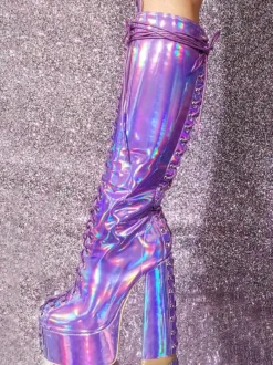 Bottes hautes à talons épais et plateforme sexy pour femmes  bottes à lacets métalliques