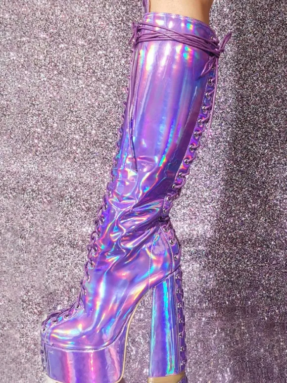 Bottes hautes à talons épais et plateforme sexy pour femmes bottes à lacets métalliques