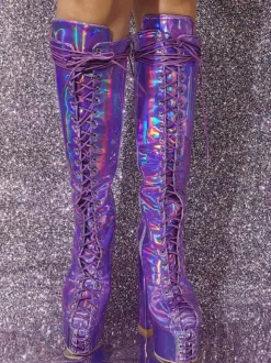 Bottes hautes à talons épais et plateforme sexy pour femmes bottes à lacets métalliques