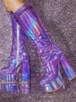 Bottes hautes à talons épais et plateforme sexy pour femmes bottes à lacets métalliques