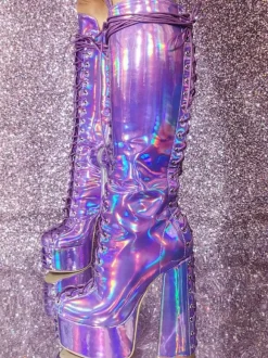 Bottes hautes à talons épais et plateforme sexy pour femmes bottes à lacets métalliques