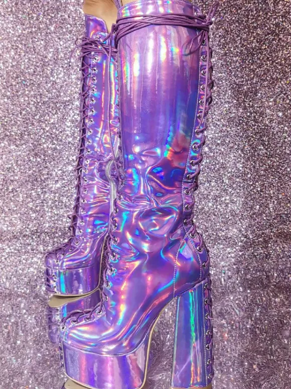 Bottes hautes à talons épais et plateforme sexy pour femmes bottes à lacets métalliques