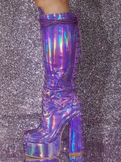 Bottes hautes à talons épais et plateforme sexy pour femmes bottes à lacets métalliques