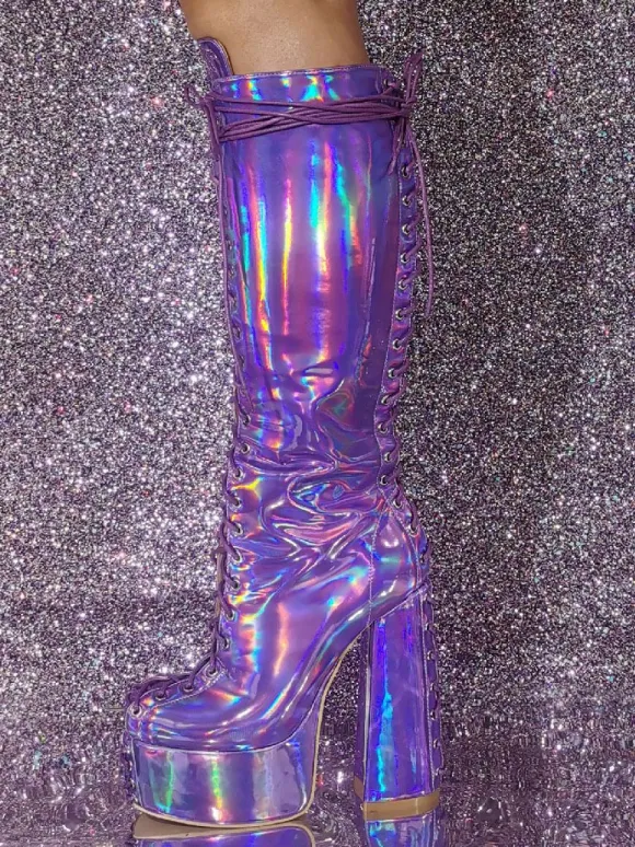 Bottes hautes à talons épais et plateforme sexy pour femmes bottes à lacets métalliques