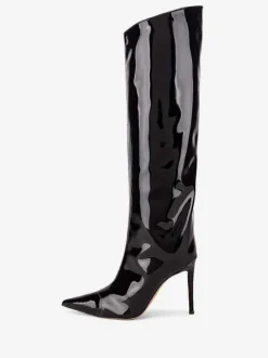 Bottes hauteur genou rouge bout pointu cuir brillant talon aiguille bottes longueur genou pour femme