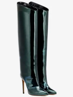 Bottes hauteur genou rouge bout pointu cuir brillant talon aiguille bottes longueur genou pour femme