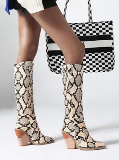 Bottes hauteur genou à talon de forme spéciale en cuir PU imprimé serpent pour femmes