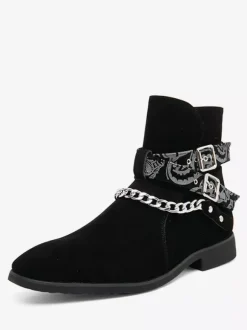 Bottes Homme Bottines Chelsea Cuir Jaune Bout Rond Chaînes