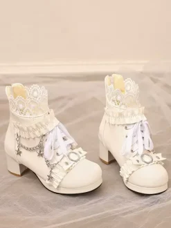 Bottes Lolita de style ROCOCO en cuir PU lacets volants chaînes bout rond chaussures Lolita noires