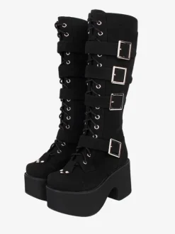 Bottes Lolita Gothiques Cuir PU PU Bout Rond Chaussures Lolita Noires