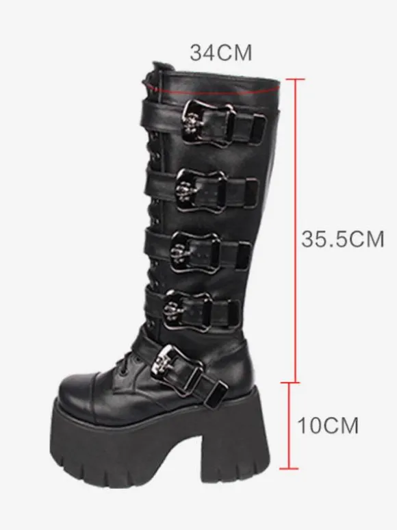 Bottes Lolita Gothiques Oeillets Blancs Squelette Bout Rond Cuir PU Chaussures Lolita
