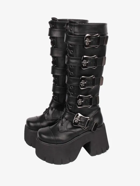 Bottes Lolita Gothiques Oeillets Blancs Squelette Bout Rond Cuir PU Chaussures Lolita