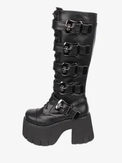 Bottes Lolita Gothiques Oeillets Blancs Squelette Bout Rond Cuir PU Chaussures Lolita