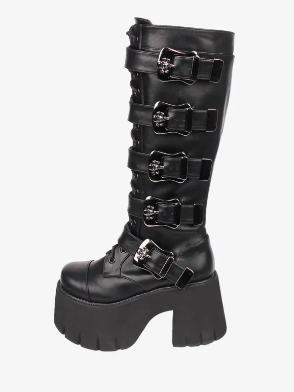 Bottes Lolita Gothiques Oeillets Blancs Squelette Bout Rond Cuir PU Chaussures Lolita