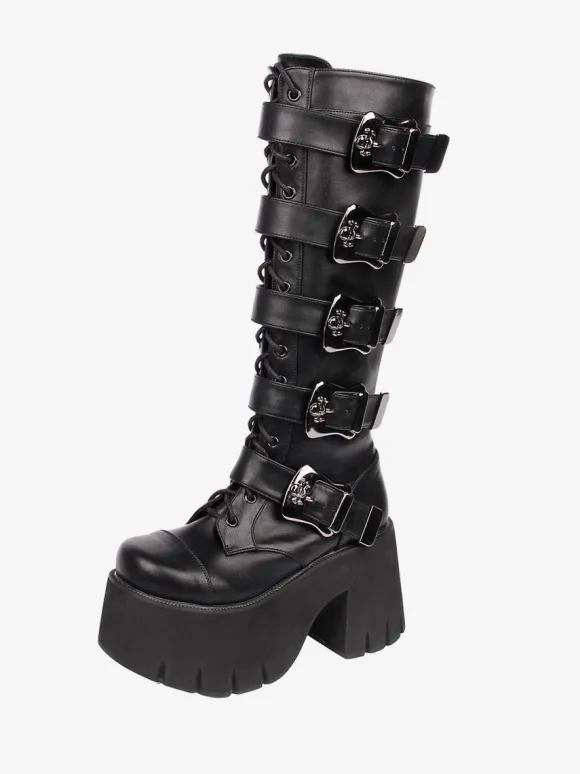 Bottes Lolita Gothiques Oeillets Blancs Squelette Bout Rond Cuir PU Chaussures Lolita