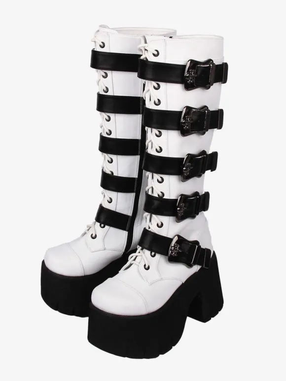 Bottes Lolita Gothiques Oeillets Blancs Squelette Bout Rond Cuir PU Chaussures Lolita