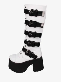 Bottes Lolita Gothiques Oeillets Blancs Squelette Bout Rond Cuir PU Chaussures Lolita