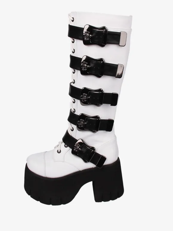 Bottes Lolita Gothiques Oeillets Blancs Squelette Bout Rond Cuir PU Chaussures Lolita