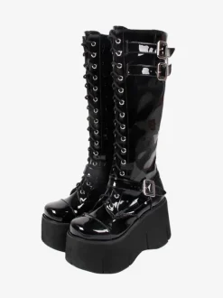Bottes Lolita Steampunk Chaussures Lolita en cuir PU à bout carré noir