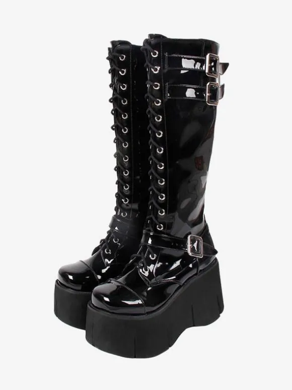 Bottes Lolita Steampunk Chaussures Lolita en cuir PU à bout carré noir