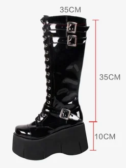 Bottes Lolita Steampunk Chaussures Lolita en cuir PU à bout carré noir