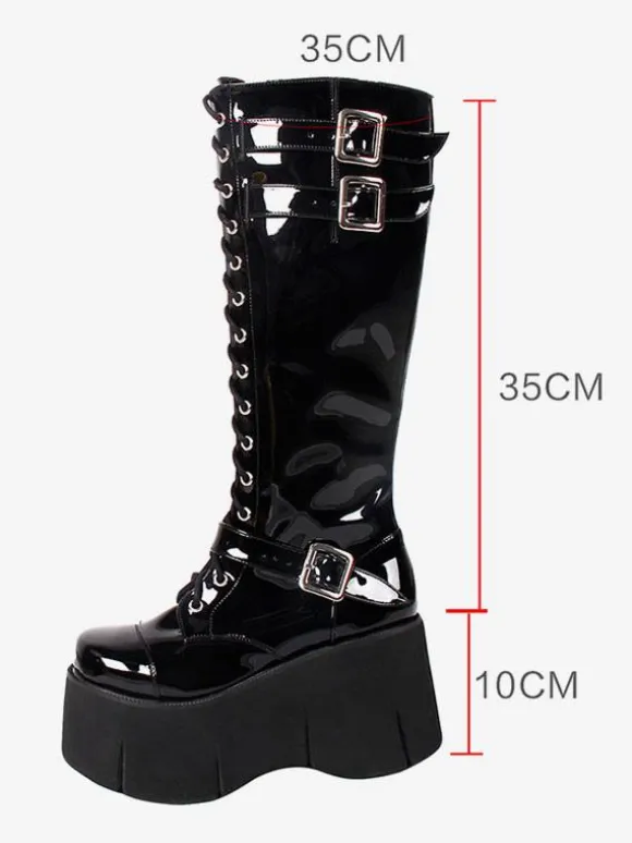 Bottes Lolita Steampunk Chaussures Lolita en cuir PU à bout carré noir