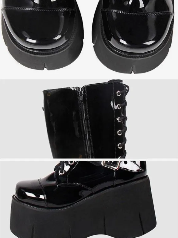 Bottes Lolita Steampunk Chaussures Lolita en cuir PU à bout carré noir