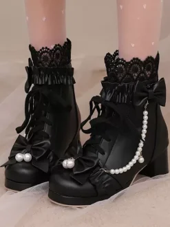 Bottes Lolita Sweet Bows noires Bout rond Chaussures Lolita en cuir PU