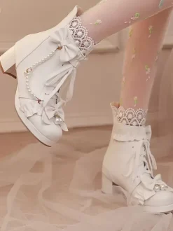 Bottes Lolita Sweet Bows noires Bout rond Chaussures Lolita en cuir PU