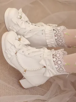 Bottes Lolita Sweet Bows noires Bout rond Chaussures Lolita en cuir PU