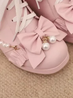 Bottes Lolita Sweet Bows noires Bout rond Chaussures Lolita en cuir PU