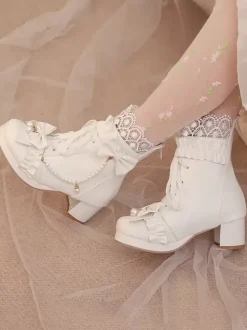Bottes Lolita Sweet Bows noires Bout rond Chaussures Lolita en cuir PU