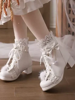 Bottes Lolita Sweet en cuir PU avec n艙uds et bout rond Chaussures Lolita blanches