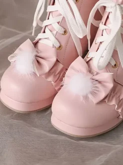 Bottes Lolita Sweet en cuir PU avec n艙uds et bout rond Chaussures Lolita blanches
