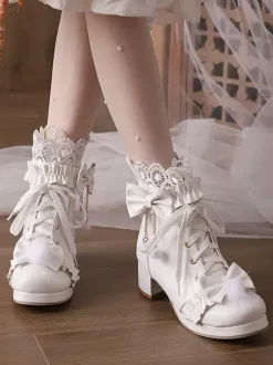 Bottes Lolita Sweet en cuir PU avec n艙uds et bout rond Chaussures Lolita blanches